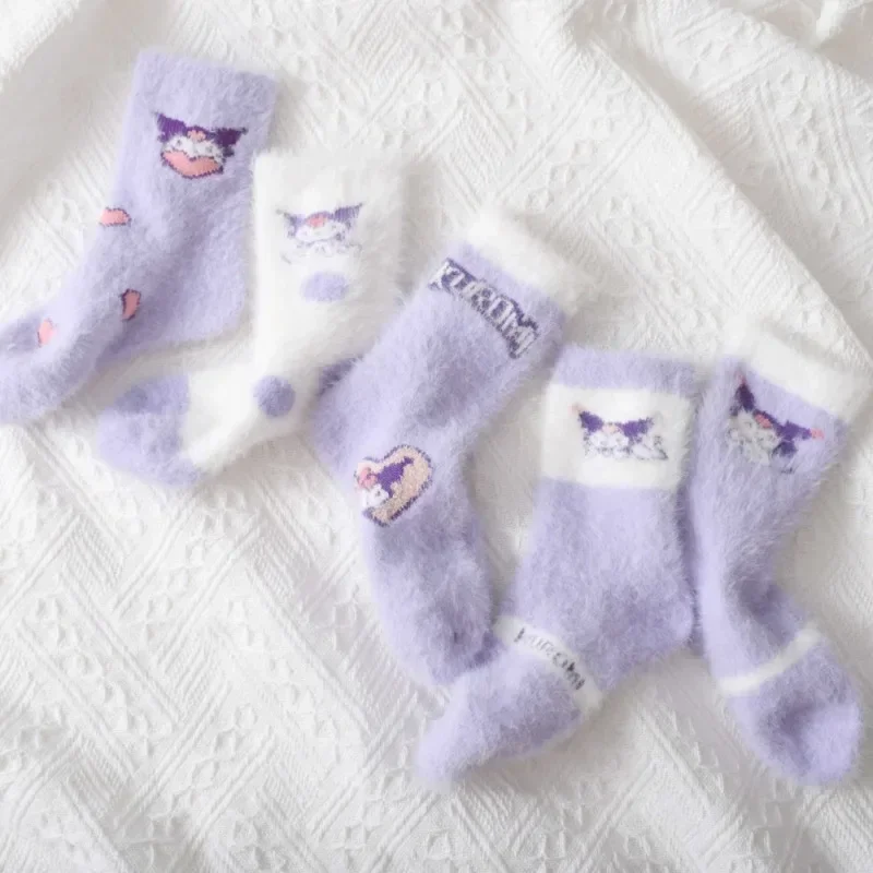 

5pcs MINISO Anime Kawaii Ins Fashion Children Thick Socks Cute Cartoon Cashmere Kuromi Midtube Baby Stocking Gifts for Kids