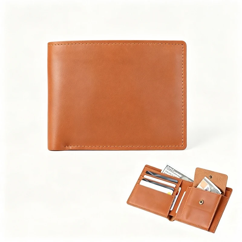 Men's Crazy Horse Leather Bi‑Fold Wallet, Snap Button Closed Coin Compartment, Multi‑slots Card Organizer Mens Money Wallets
