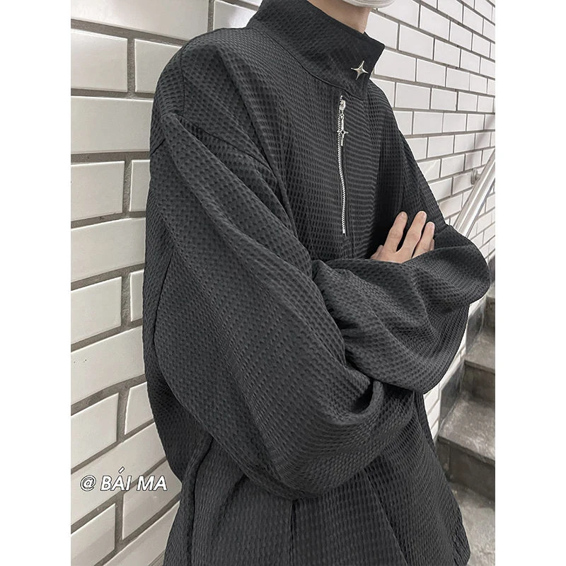 Spring Waffle Plaid Half Zipper Men Long Sleeve Sweatshirt High Street Punk Fashion All-match Oversized T Shirts Top Black White