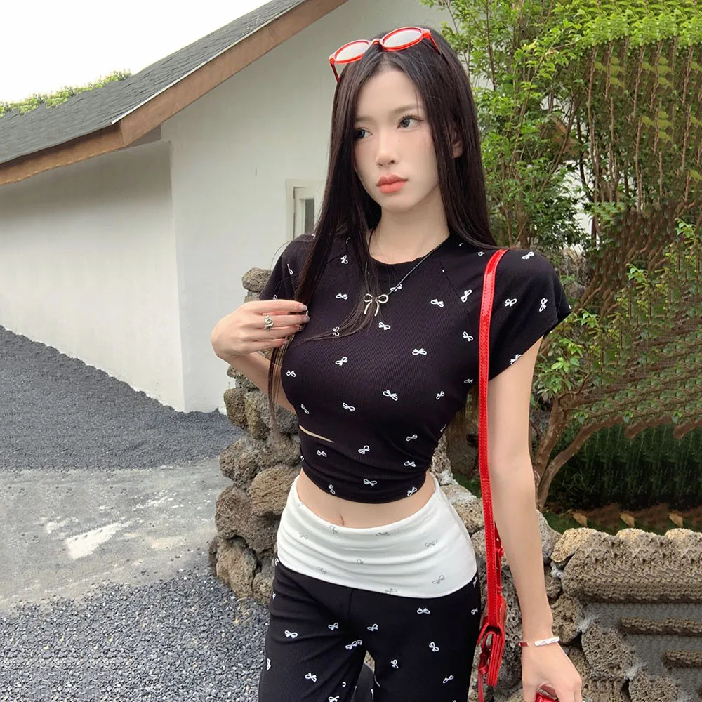 Fashion Two-piece Set Women's Summer Hollow Short Sleeve T-shirt Contrasting Bow Casual Pants Sweet Hot Girl Suit Female Clothes