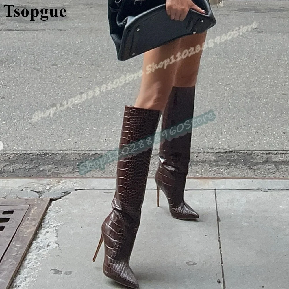 

Trendy Knee High Crocodile Leather Pointy Boots Thin High Heel Women Shoes Side Zipper Pointed Toe Casual Party Stylish Boots