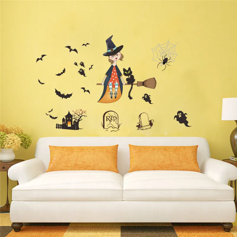 Witch Bats Tomb Ghost Spider Halloween Theme Wall Sticker For Kids Room Home Decoration Festival Window Decal Pvc Art Mural