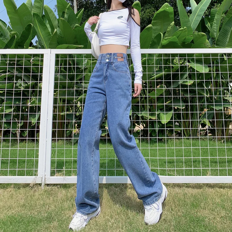 OUSSYU Y2K Woman Jeans High Waist Wide Leg Cotton Denim Clothing Blue White Streetwear Vintage Fashion Harajuku Straight Pants