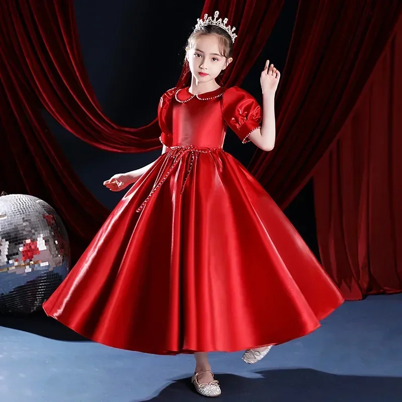 Girl's Red Birthday Princess Dress New Children's Host Dress Flower Girl Satin Piano Performance Dress