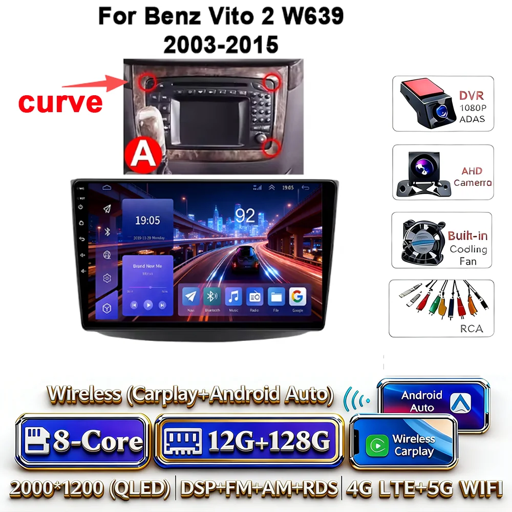 Android 17 autoradio 4G WIFI Carplay voor Mercedes-Benz Vito W639 2003-2015 DSP GPS navigatie Bluetooth touchscreen multimedia