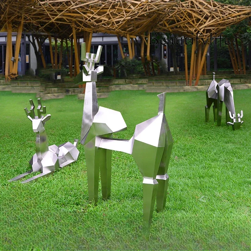 Outdoor stainless steel block surface elk sculpture sales hall art installation hotel garden large floor ornament