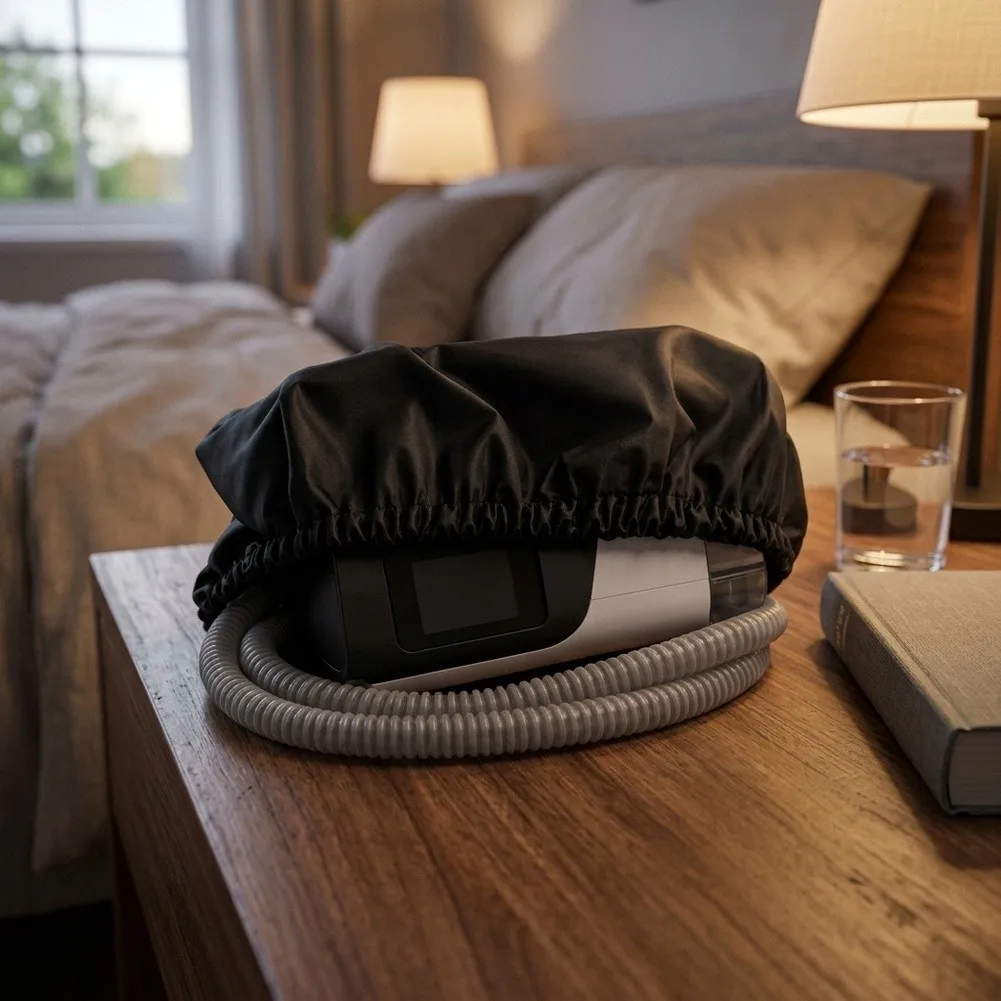 Machine Cover for Sleep Therapy Devices Featuring Elastic Hem Design to Keep Equipment Clean and Organized During Storage