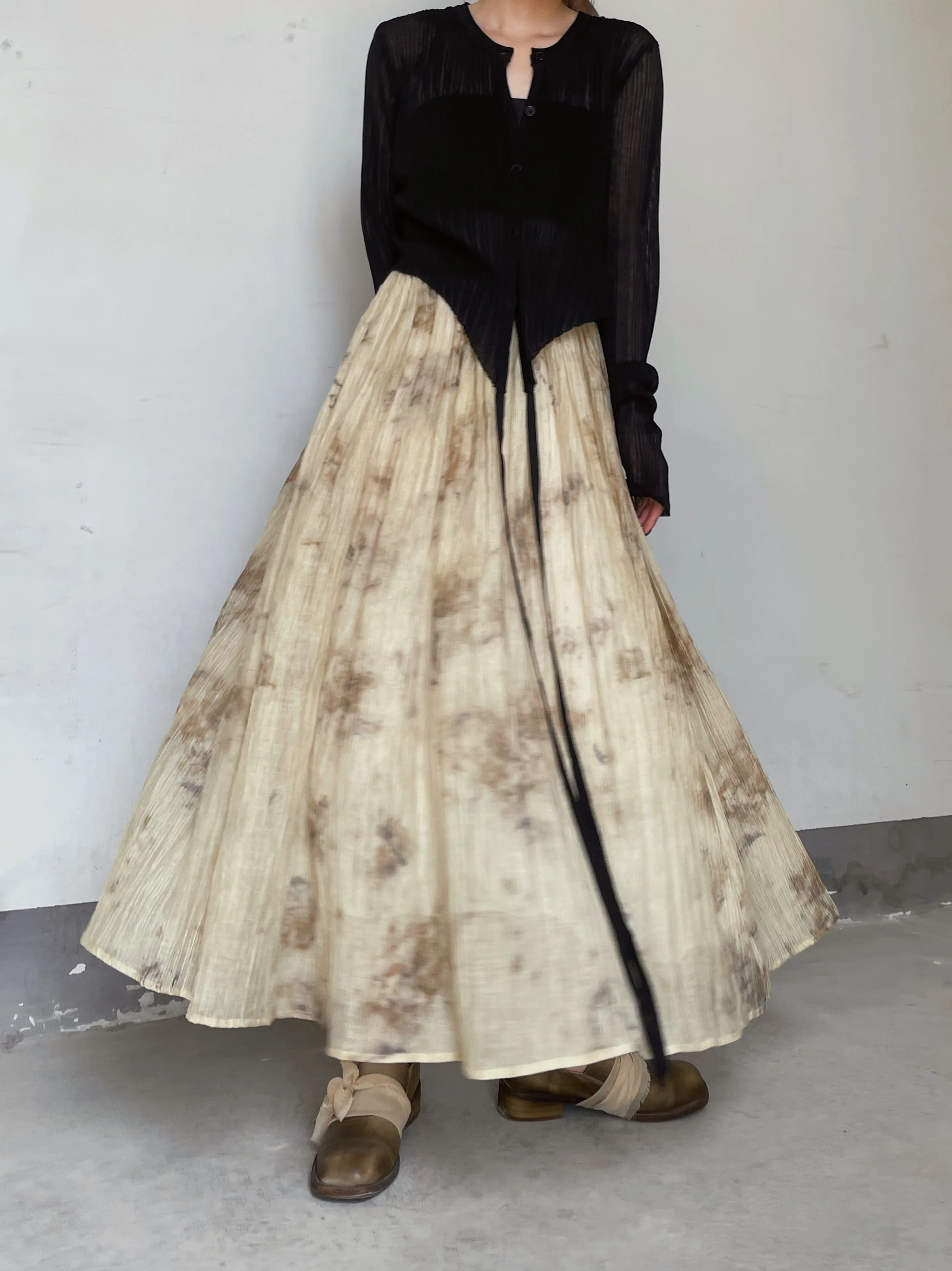 Gradual Dyeing  Linen Skirt Women's Midi Skirt A-Line Loose Fit Vintage Style with Inner  Medium Waist Design