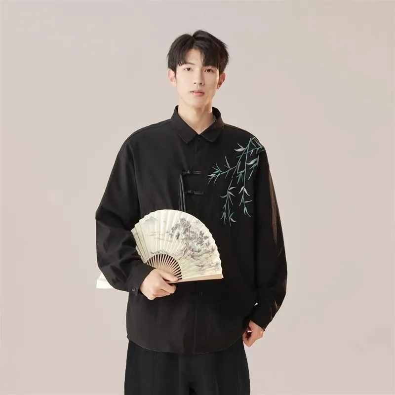 

Новая мужская рубашка в китайском стиле с коротким рукавом, бамбуковой вышивкой и пуговицами, летний ретро-костюм Тан, Ханьфу, ультратонкий крой, из ПУ.