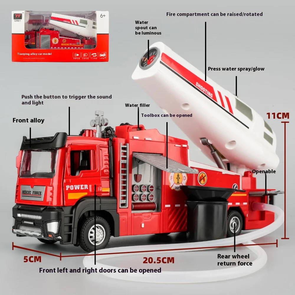 1/32 Spray Fire Truck Toy Alloy Metal Diecast Model Electric Water Spray Rescue Firefighting Vehicle Toy Decoration Kids Gift