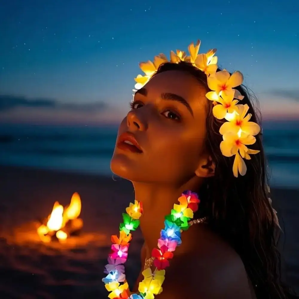 Glow In The Dark LED Necklace Artificial Flower Rainbow Lei Hawaii Lei Tropical Design Light Up Flower Wreath Beach Party