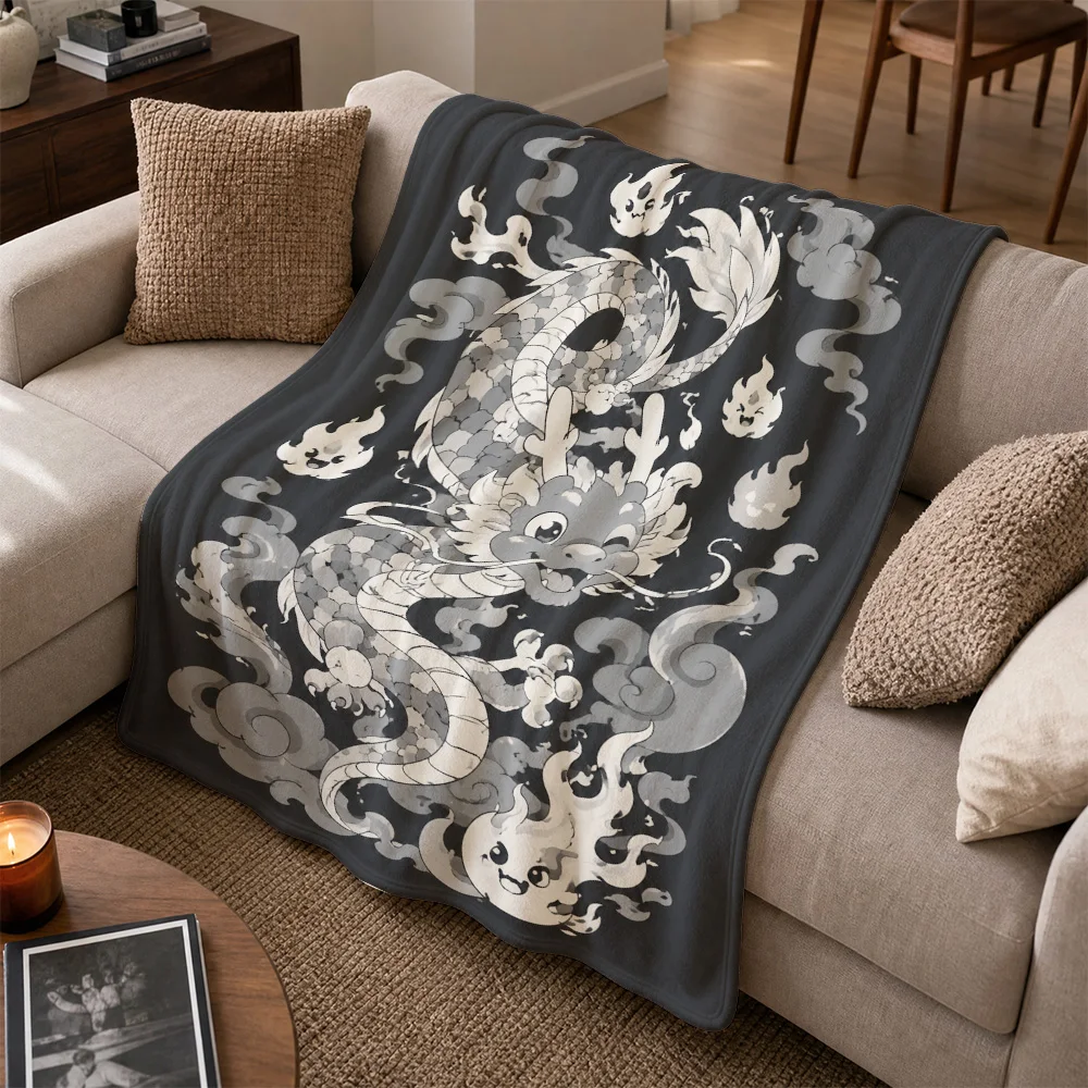 Luxurious Dragon Print Throw Blanket for Sofa Home Decor Asian Mythical Cloud Pattern Cozy Winter Throw Oriental Couch Cover