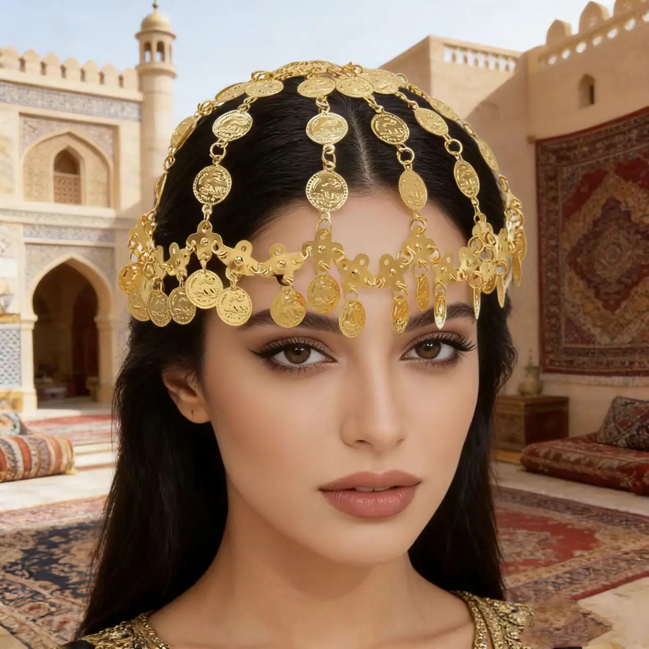 

Арабский модный позолоченный полый дизайн, свадебный головной убор, подвесная шляпа-монета, золотой аксессуар для волос для свадьбы
