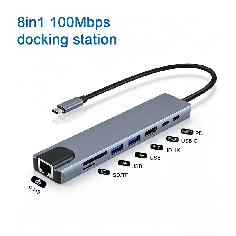 8‑In‑1 USB‑C Multiport Docking Hub 4K HDTV‑Compatible PD Fast Charge RJ45 SD TF Card Reader for Notebook MacBook Computer