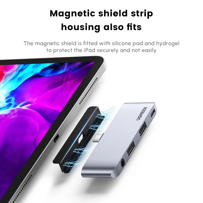 

UGREEN USB C-концентратор для iPad Pro, адаптер 4 в 1 с 2 USB3.0, разъемом для наушников 3,5 мм, зарядка PD