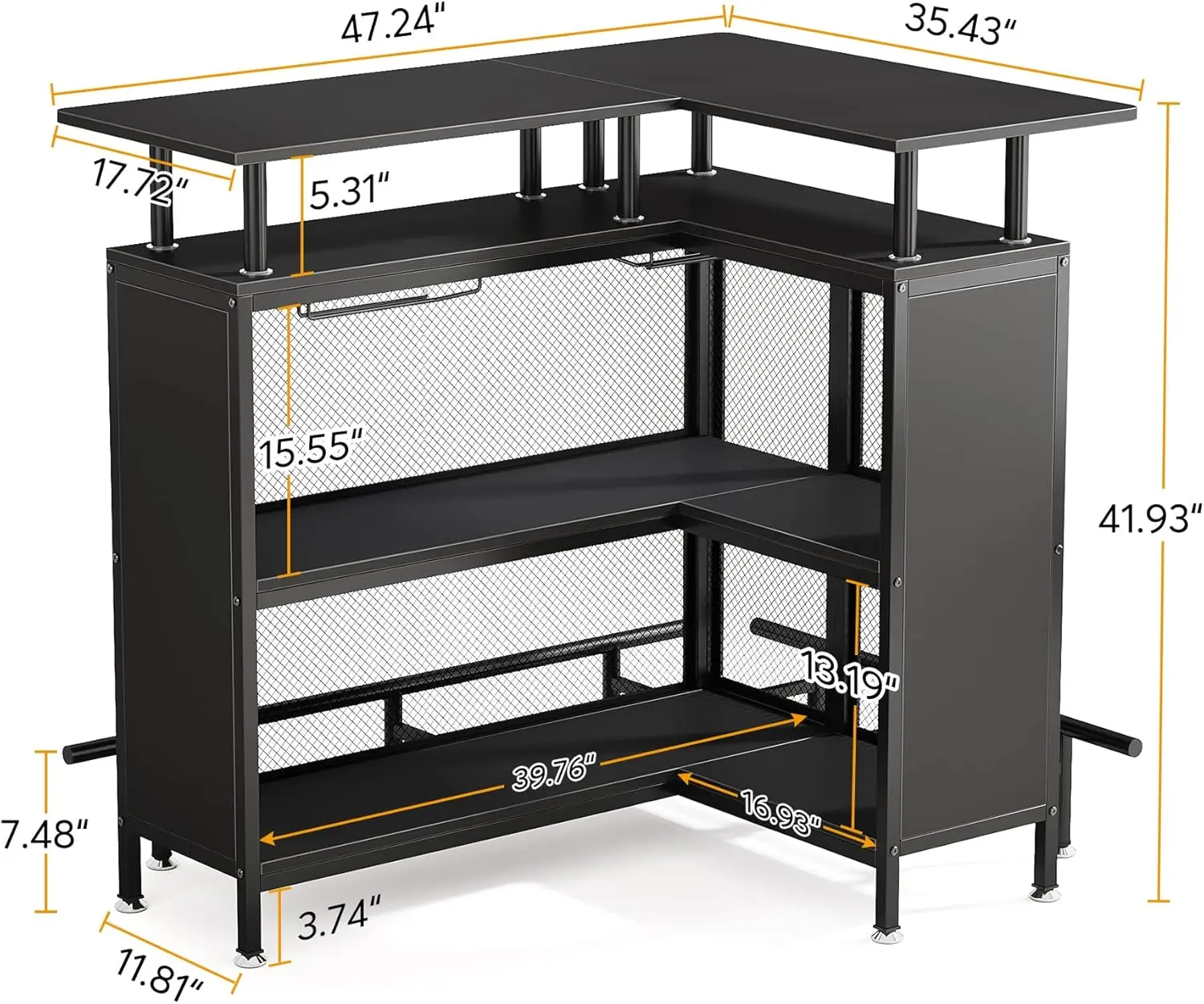 L-Shaped Bar Table with Stemware Racks and 2-Tier Shelves, Corner Mini Coffee Liquor Cabinet with Footrest for Home/Kitchen/Pub,