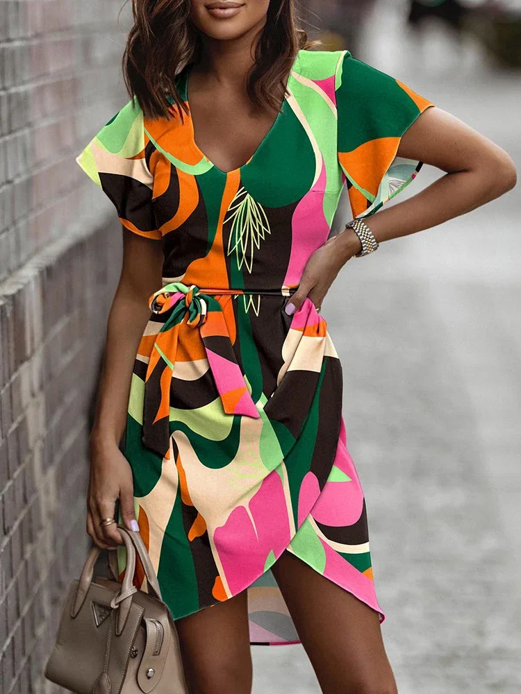 Letnie sukienki z nadrukiem na szyi dla kobiet Elegancka sukienka biurowa z krótkim rękawem Modna sukienka plażowa Boho z krótkim rękawem