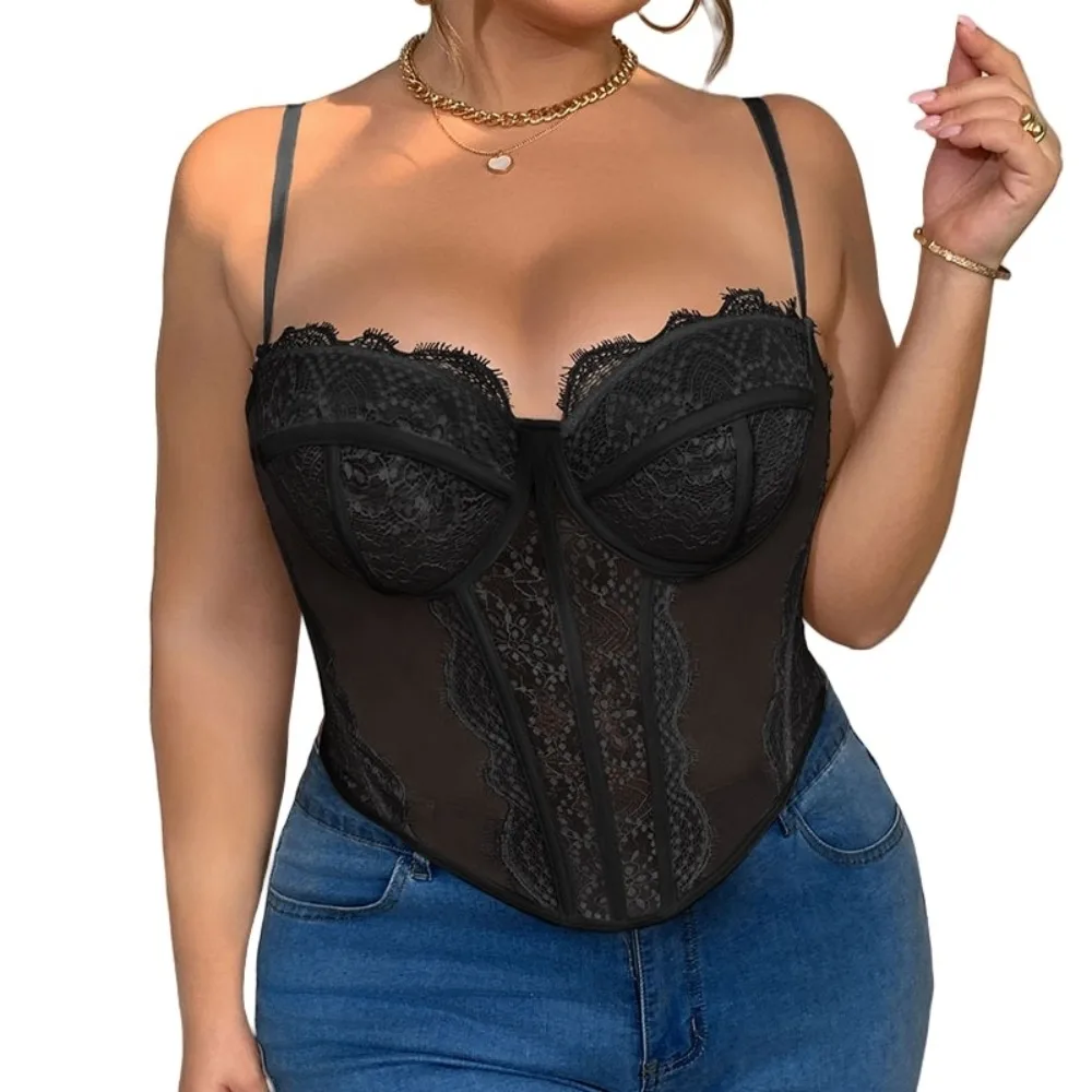 Spicy Girl Style Hollow Large Lace Camisole Transparent Deep V Square Neck Lace Crop Tops 1XL-4XL Tanks Suspender Vest Travel