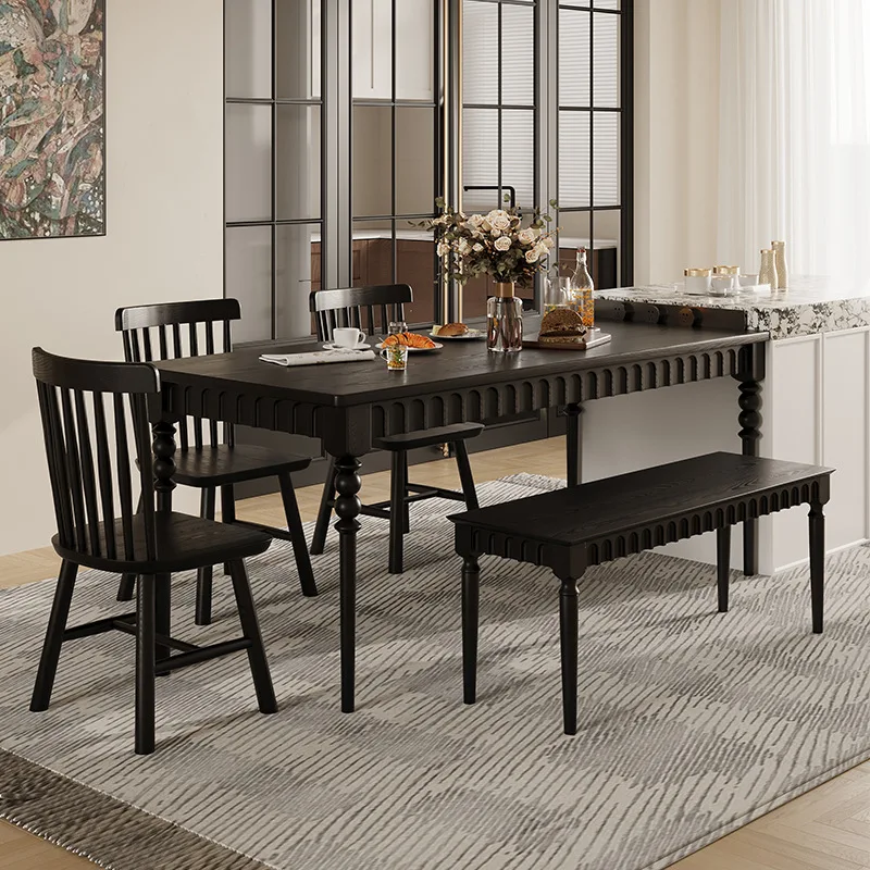 French retro solid wood dining table, medieval dining table and chair combination, household small apartment dining table
