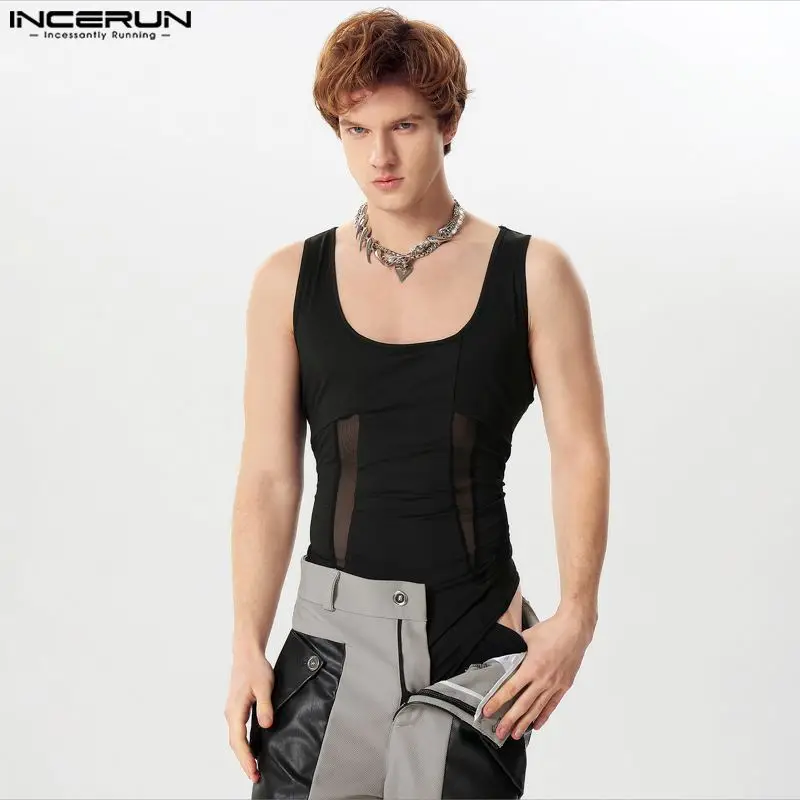 2024 Men Bodysuits Mesh Patchwork Sexy Sleeveless Rompers Men Streetwear Transparent Skinny Fashion Male Bodysuit S-5XL INCERUN