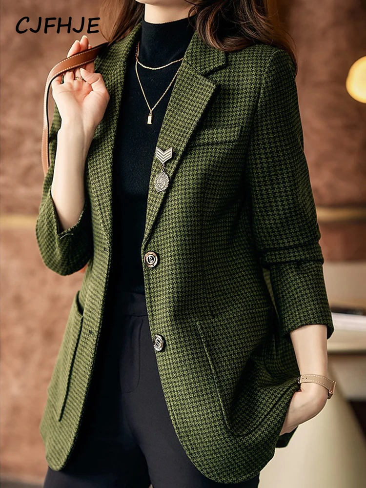 CJFHJE Plaid Green Fashion Suit Jacket Women Gray Autumn Button High Street Blazers Female Elegant Pocket Red Office Lady Blazer