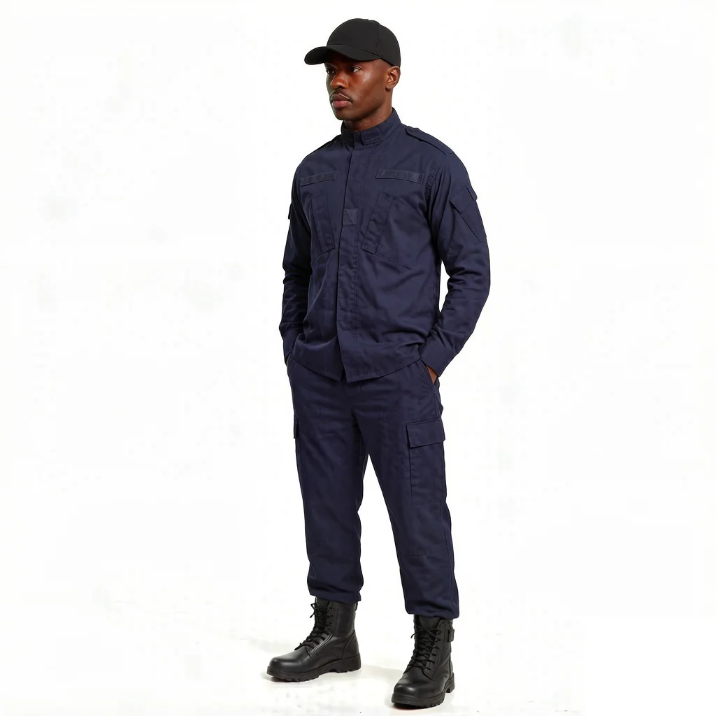 

Темно-синяя рубашка из рипстопа и брюки карго с кепкой