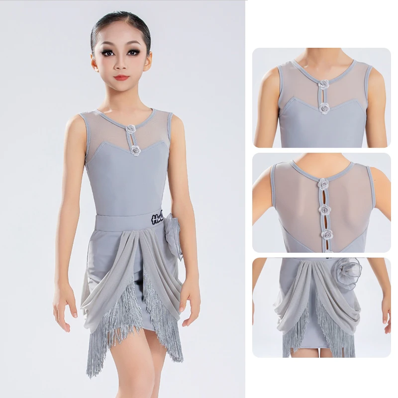 

Fringe Latin Dance Dress Summer Gray Leotard Tassel Skirt Set Kids Cha Cha Dancing Stage Wear Girls Latin Performance Wear 1974