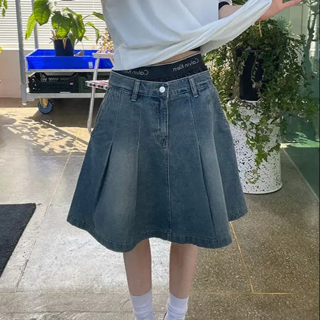 

Denim Skirts High Waist Blue Vintage Simple Simple Washed Y2k Skirt For Women 2024 Summer New Ruched A-Line