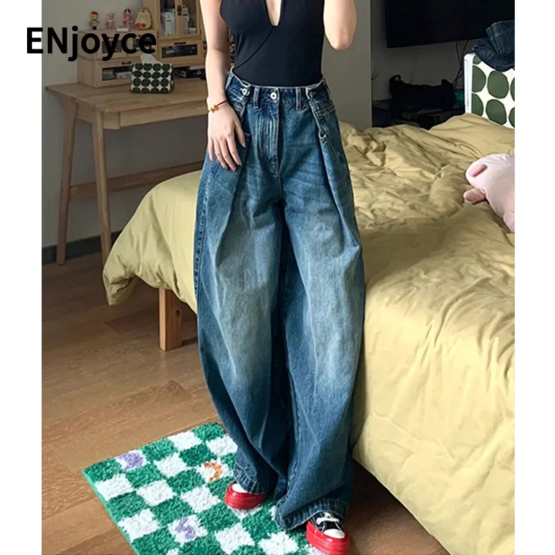 

Spring Fall Vintage Large Wide Leg Adjustable High Waist Jeans for Women Men Streetwear Casual Denim Pants Straight Trousers