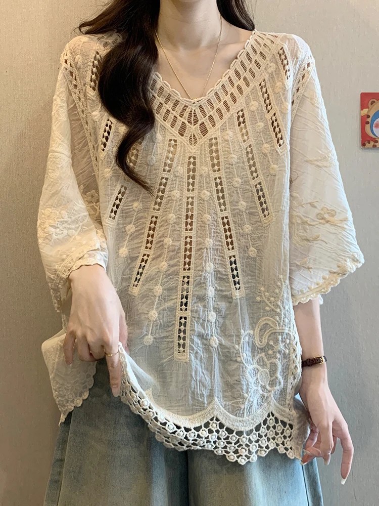 

Женская летняя блузка из хлопка и льна с V-образным вырезом, тонкая, свободного кроя, больших размеров, с рукавами «летучая мышь»