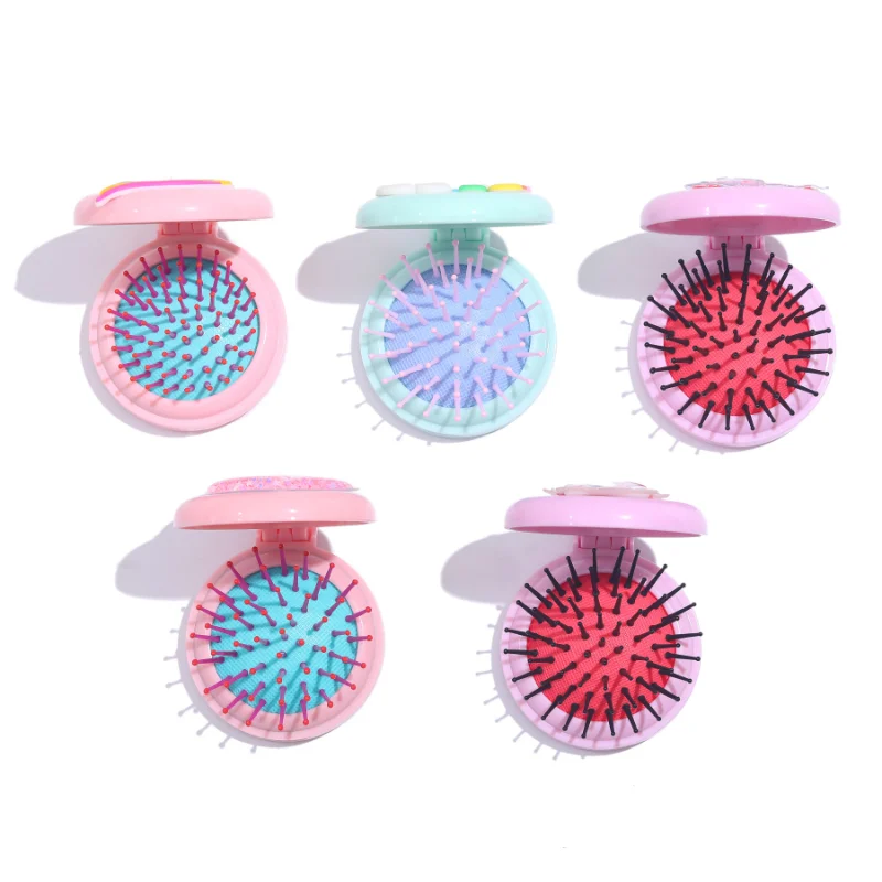 Folding Air Bag Comb With Mirror Compact Pocket Size Portable Cartoon Travel Hair Brush Cosmetic Mirror Head Massager Comb