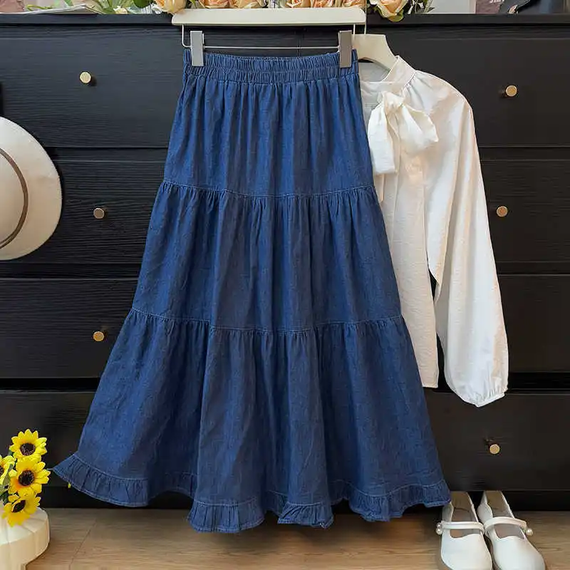 Gonne di jeans a trapezio con volant stile francese Donna Primavera Estate Gonna a pieghe elastica a vita alta Gonne di jeans di media lunghezza femminili