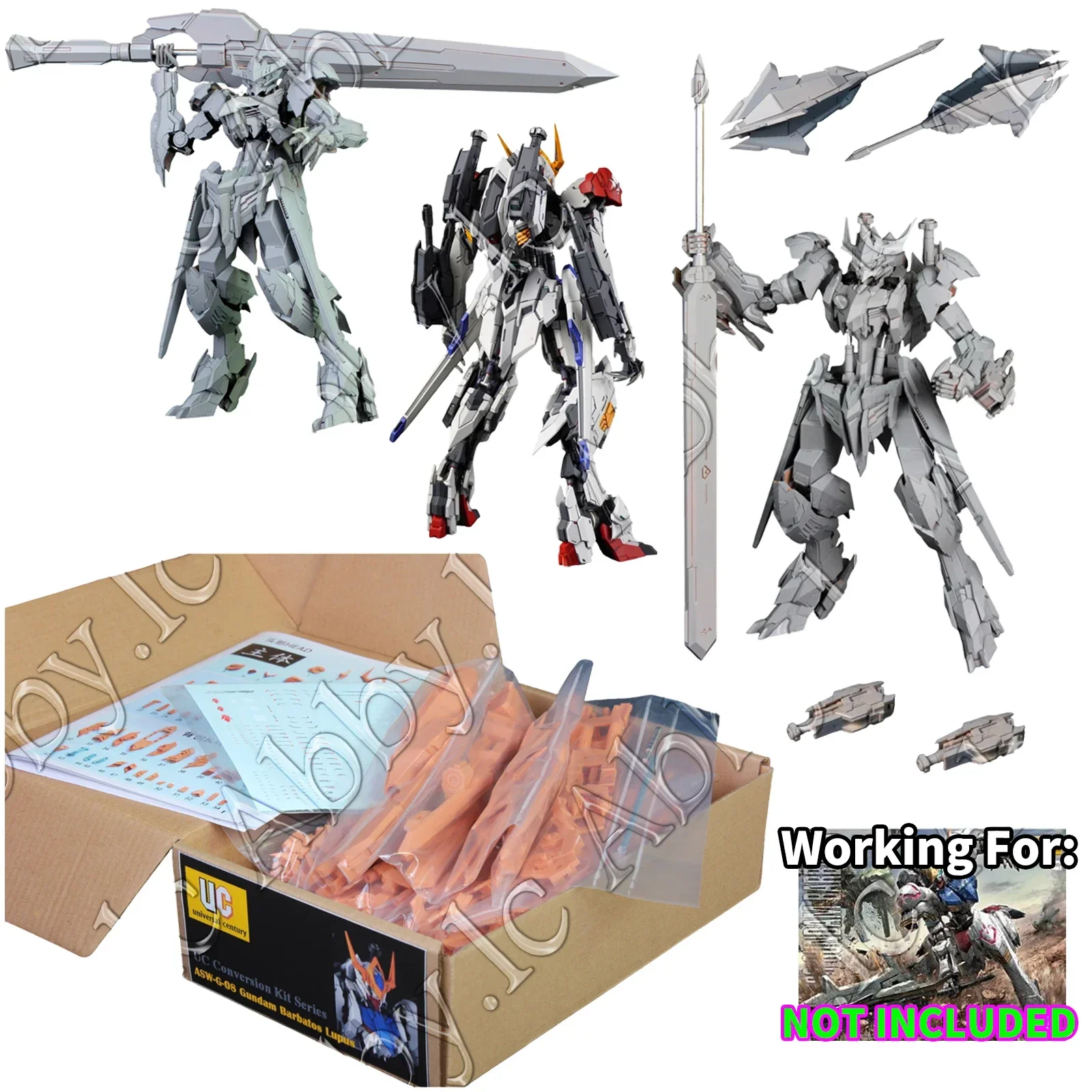 for MG 1/100 Barbatos UC RECAST ATOX Lupus Resin Conversion Kit + Sword-Mace 200mm Gun Arm Rocket Launcher Twin Mace Grand Sword