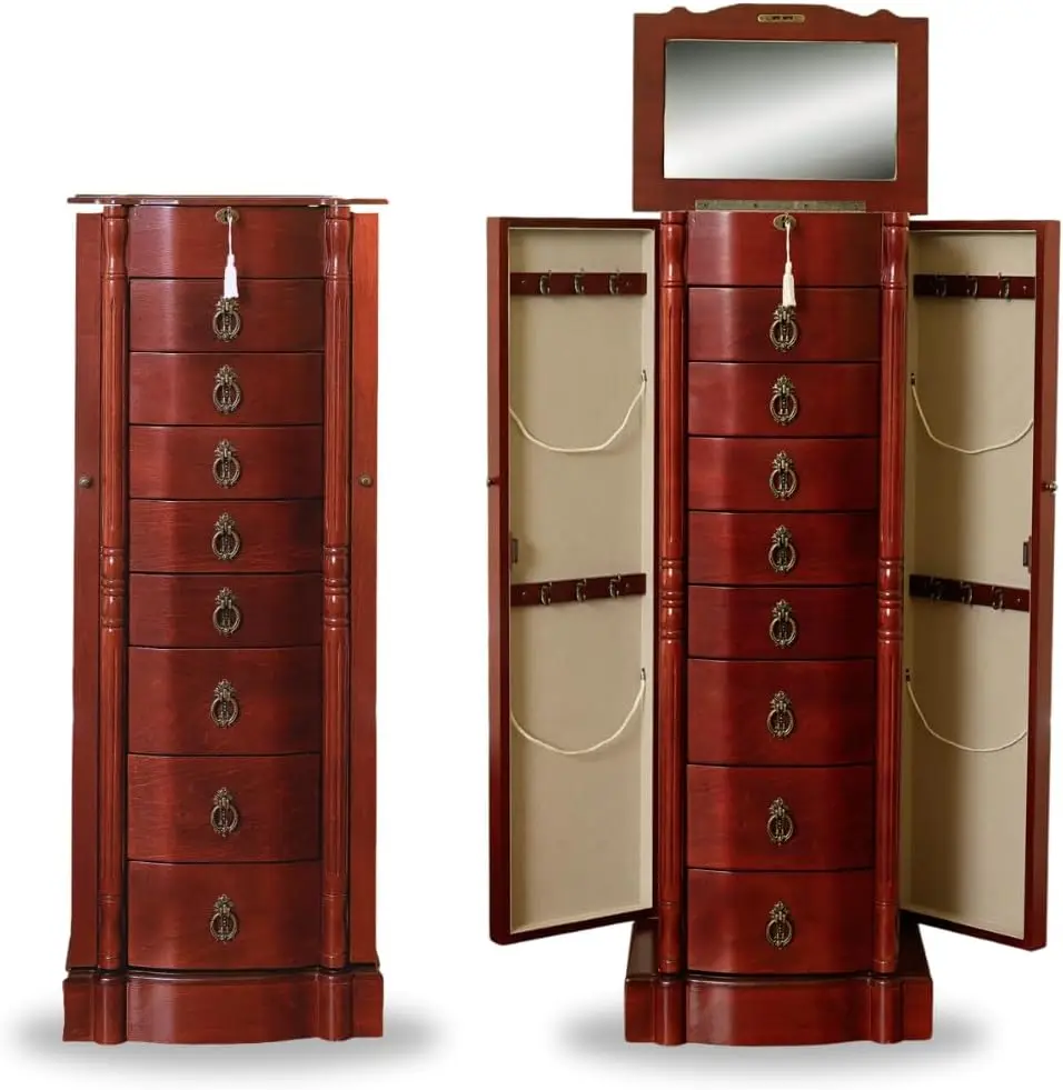 - Francesca Jewelry Armoire - Antique Style Locking Storage For Organized Jewelry - Cherry