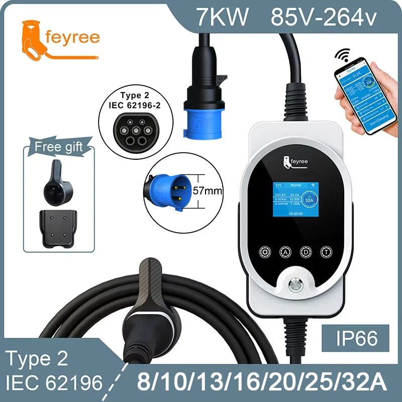 Feyree ładowarka EV przenośne urządzenie o mocy 7kW 32A 1P do szybkiego ładowania z aplikacją Wi-Fi poprzez ustawienie prądu i czasu ładowania samochodu elektrycznego