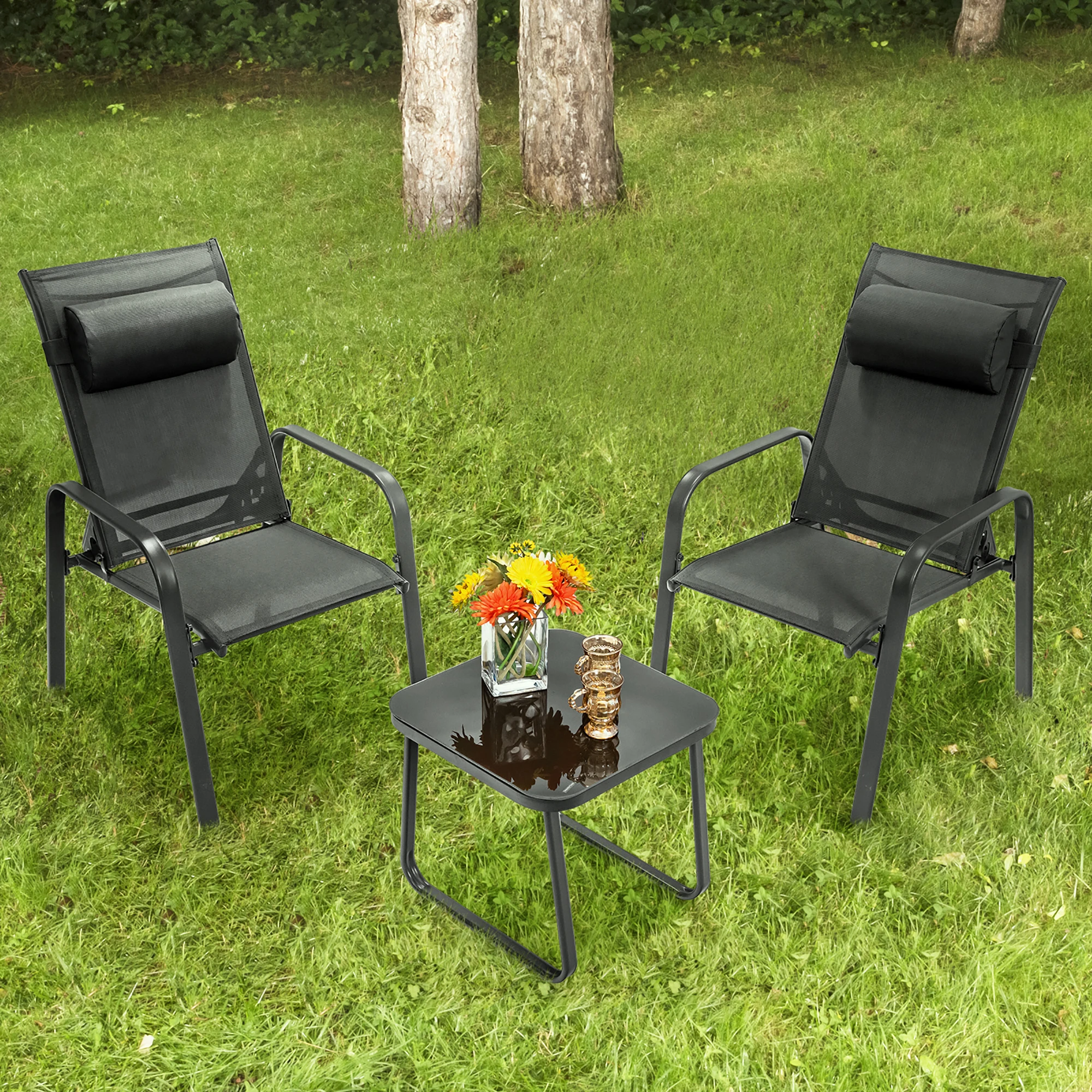 3PCS Patio Bistro Furniture Set Adjustable Back Stackable Chairs Black