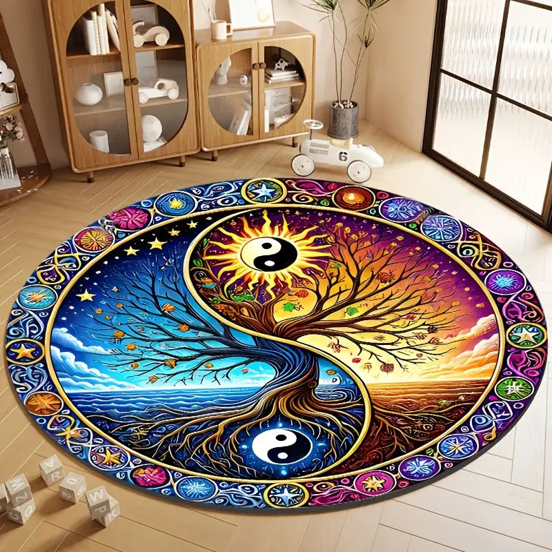 VIKAMA Yin Yang Tai Chi Tree of Life Mandala Round Carpet, Rotating Chair Mat, French Bedroom Luxury Floor Mat