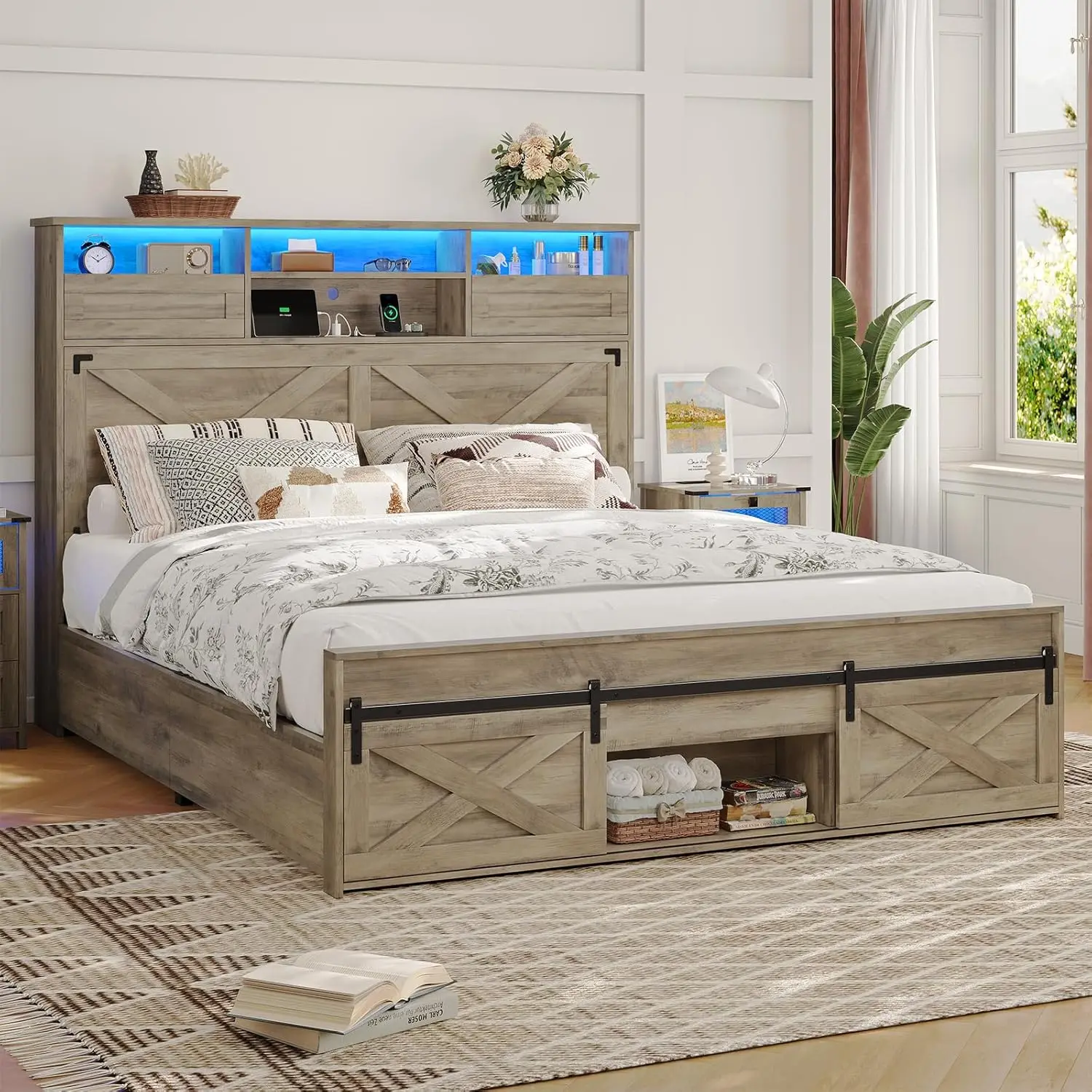 Bed Frame Queen Size with LED Lights and Charging Station, 51.4