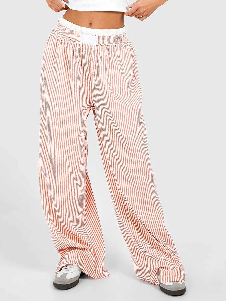 Pantalon de salon rayé à jambes larges pour femmes, bas de pyjama taille haute, pantalon de sortie vichy, streetwear à fines rayures, Y2K