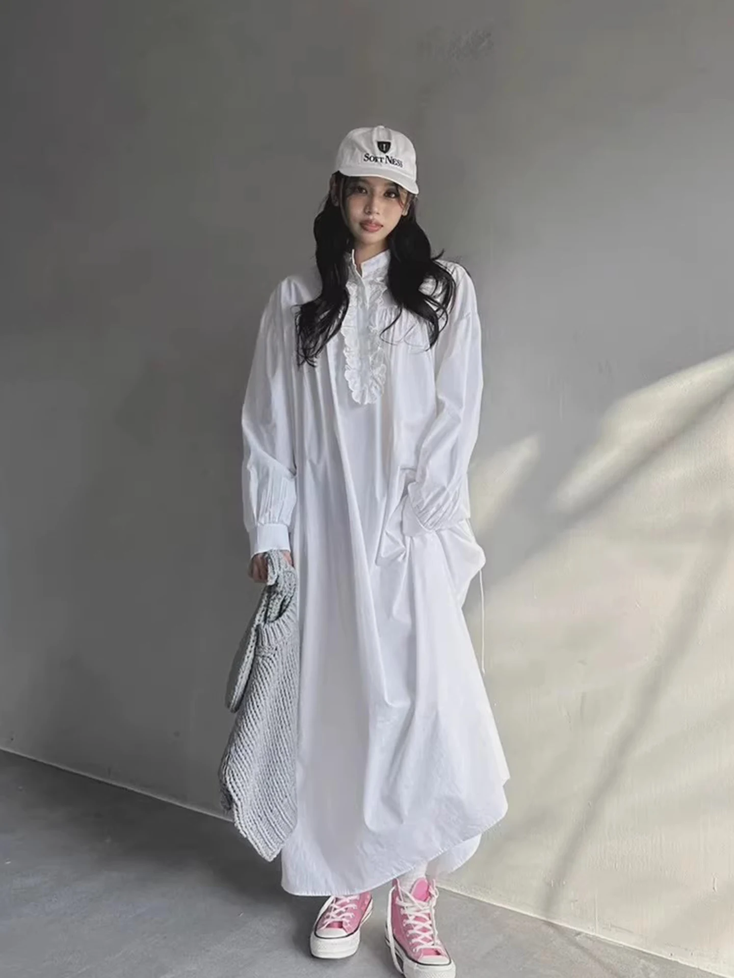 Bolha de emenda de renda azul sve dr feminino início da primavera vintage preguiçoso sle cintura-emagrecimento longo dr