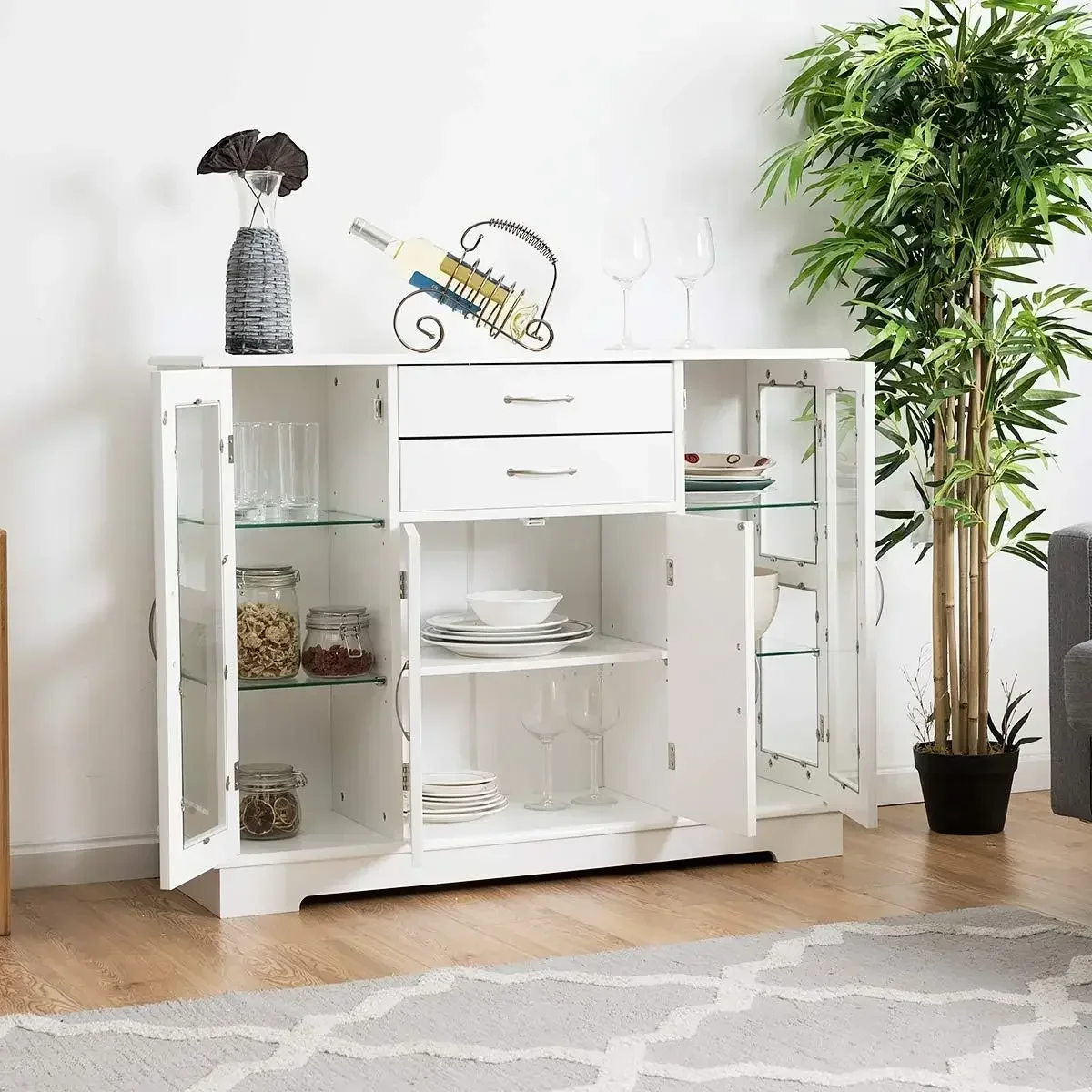 Sideboard Buffet Server Storage Cabinet W/ 2 Drawers, 3 Cabinets and Glass Doors for Kitchen Dining Room Furniture (White)