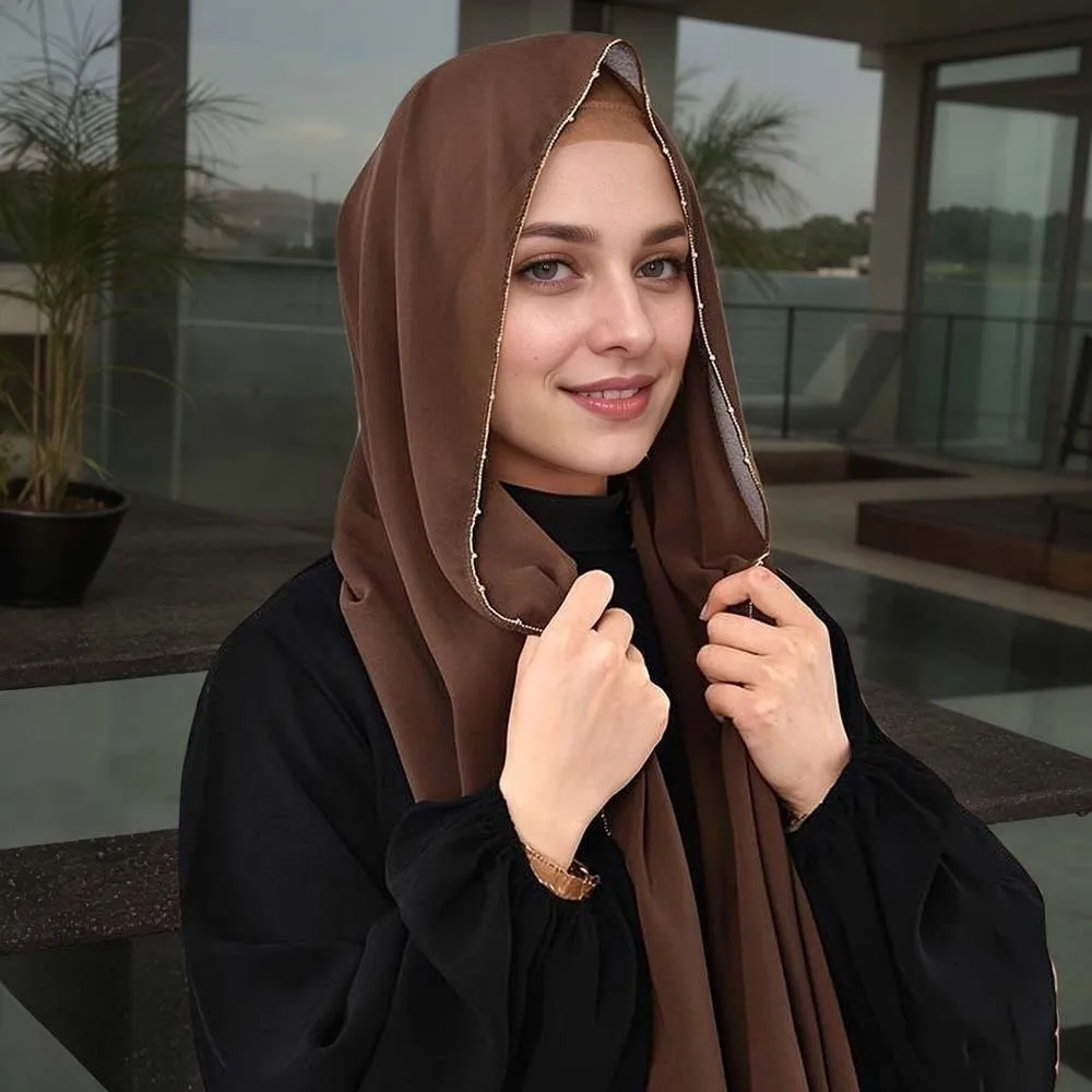 Elastisches, buntes Perlen-Kopftuch, atmungsaktiv, Hijab, bedruckter Schwanz, Turban, einfarbig, indischer Stil, Chiffon, großer Schal für Damen