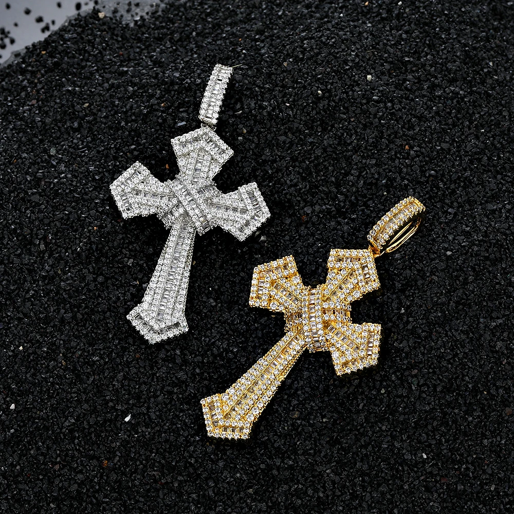 

NY Hip Hop Jewelry Bling Iced Out Cross Pendant Shine Baguette CZ Stone Jesus Cross Pendant Necklace Chrismas Gift