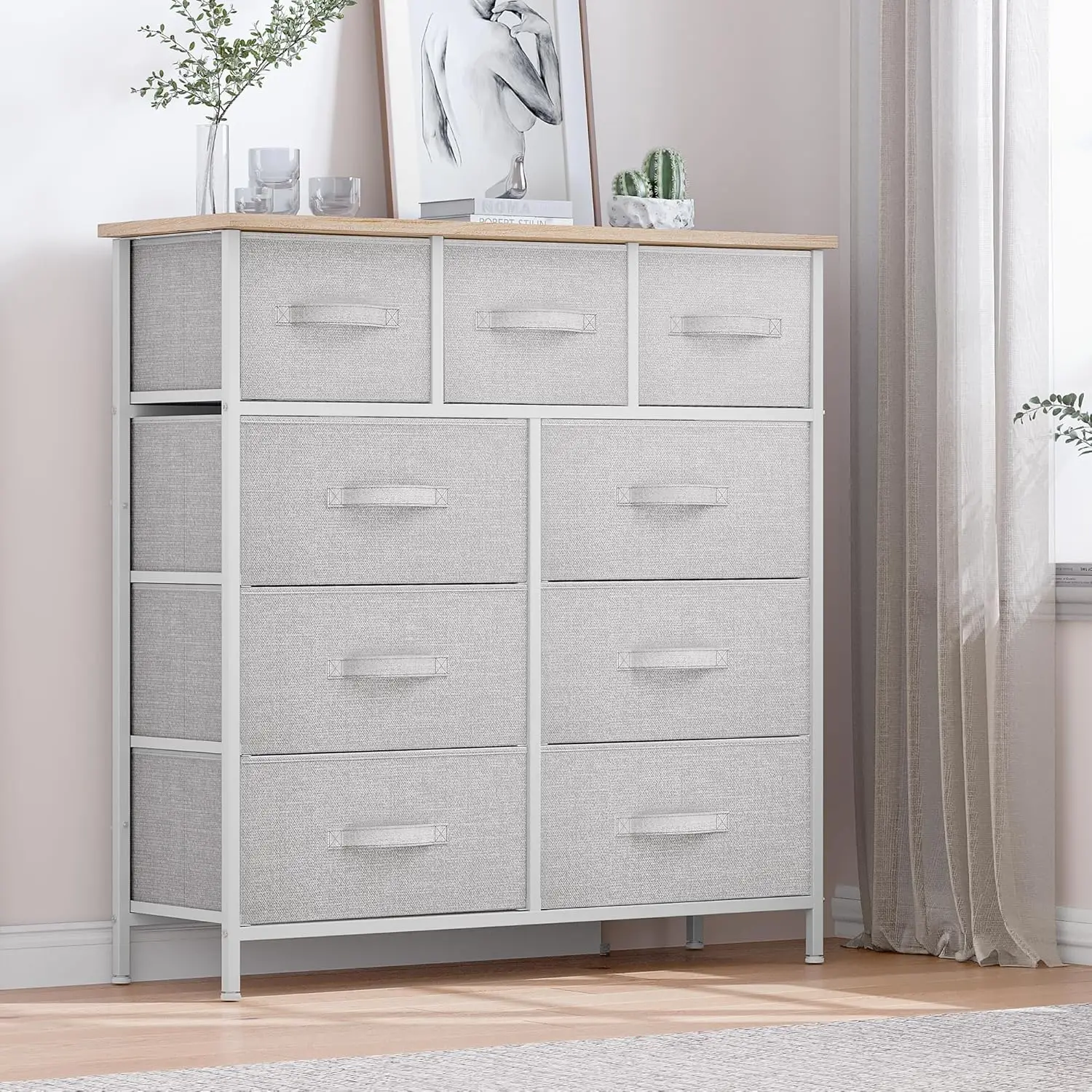 9 Drawer Dresser, Light Gray Fabric Storage Tower, Tall Organizer Unit for Room, Living Room, Hallway, Closets - Sturdy Steel