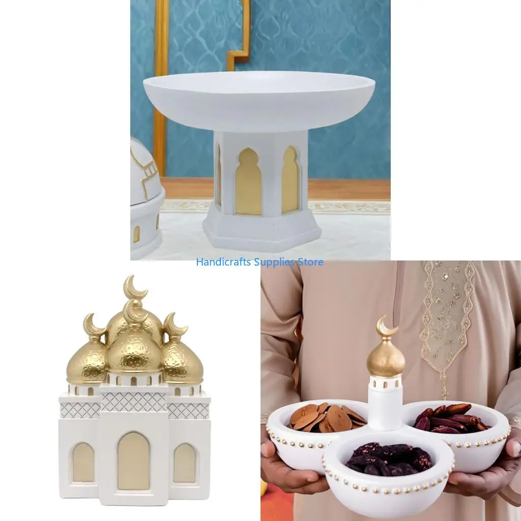 R1WA Ramadans Eid Home Decorations Gold and White Mosque Tower Islamic Eid Mubarak Decors Table Ornament Gift for Women Men