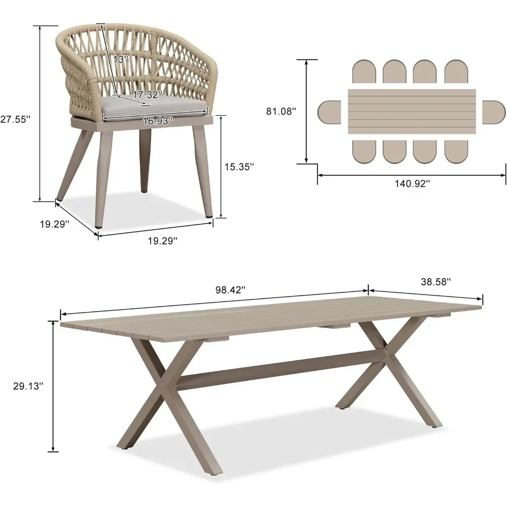 Juego de jardín al aire libre de 11 piezas, juego de muebles de exterior de ratán PE para todo tipo de clima con juego de mesa y sillas rectangulares con marco de aluminio