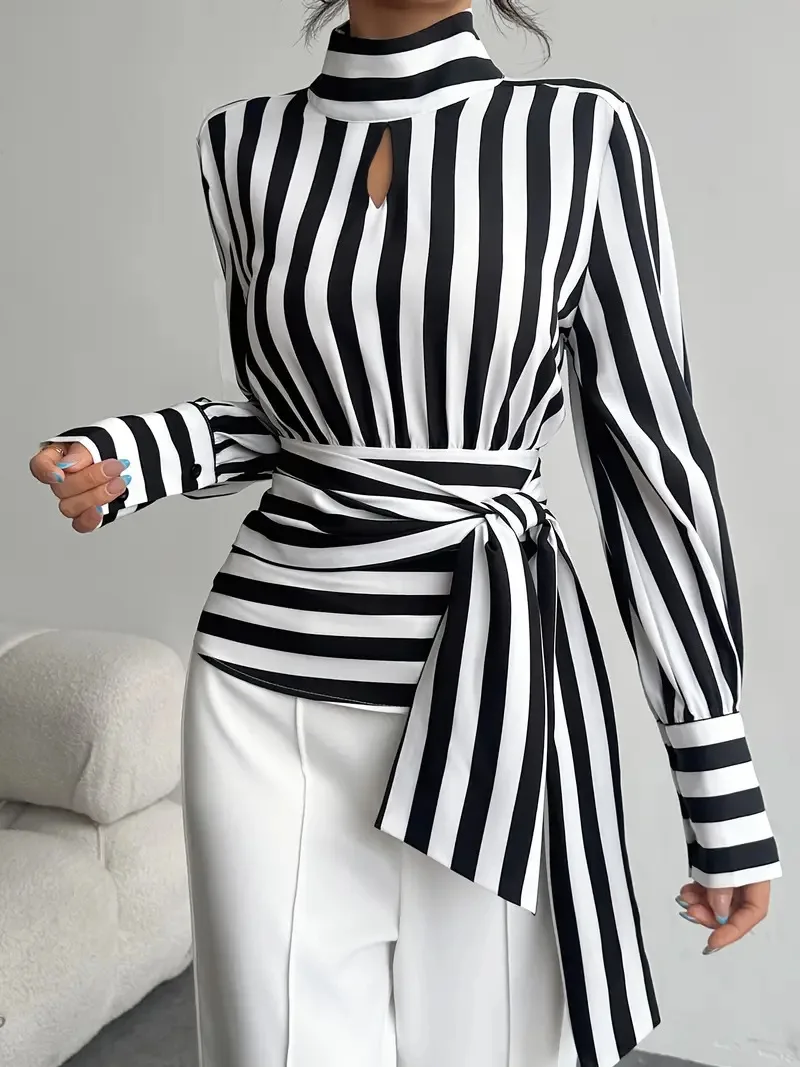 

Qx Fashion Trend Women's Black And White Contrast Striped Shirt Commuter Retro Scarf Collar Long Sleeve Elegant Shirt Women