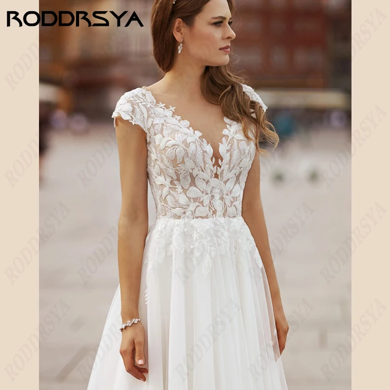 RODDRSYA Plus Size Lace Appliques Wedding Dresses Simple Sleeveless Flowers Sweep Bride Party Tulle Beach Civil Bridal Gowns