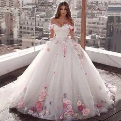 Vestido de novia con escote corazón para mujer, traje de tul blanco con hombros descubiertos, apliques de baile, Princesa, flores, vestidos de fiesta formales, 2023