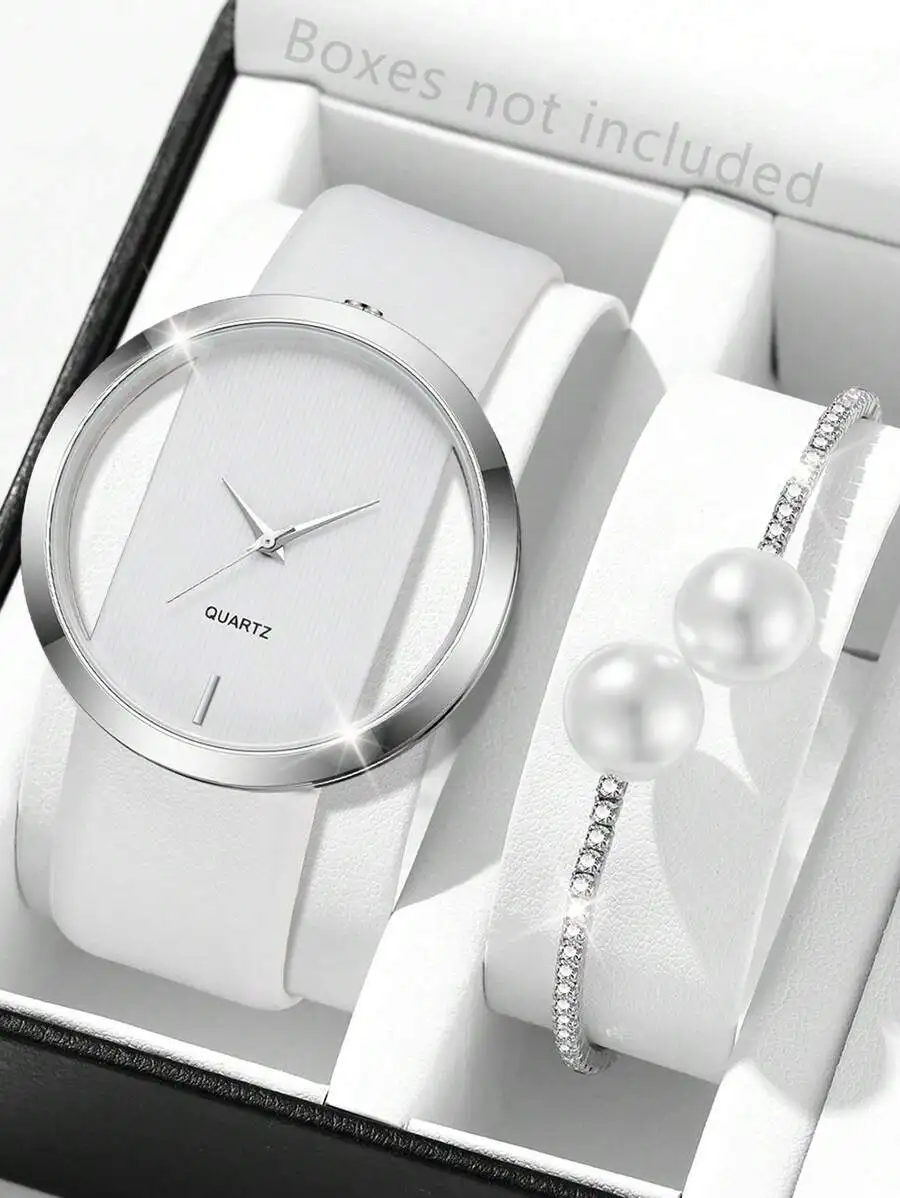 

2pcs Womens Silicone Strap Quartz Watch And Pearl Bracelet Set, Minimalist Style For Daily Wear